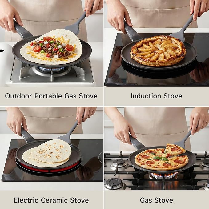 JEETEE Nonstick Crepe Pan, 9.5 Inch Titanium Pancake Pan, Healthy Non-Toxic Flat Tawa Dosa Tortilla Pan for All Stovetops including Induction, PTFE & PFOA Free