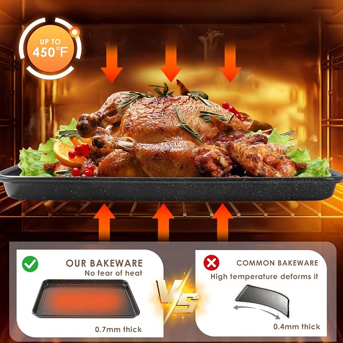 Baking Sheet Pan Set of 3, Nonstick Carbon Steel Cookie Sheets with Texture | Commercial Half/Quarter/Jelly Roll Pans Replacement Toaster Oven Tray, Heavy Duty & Easy Clean