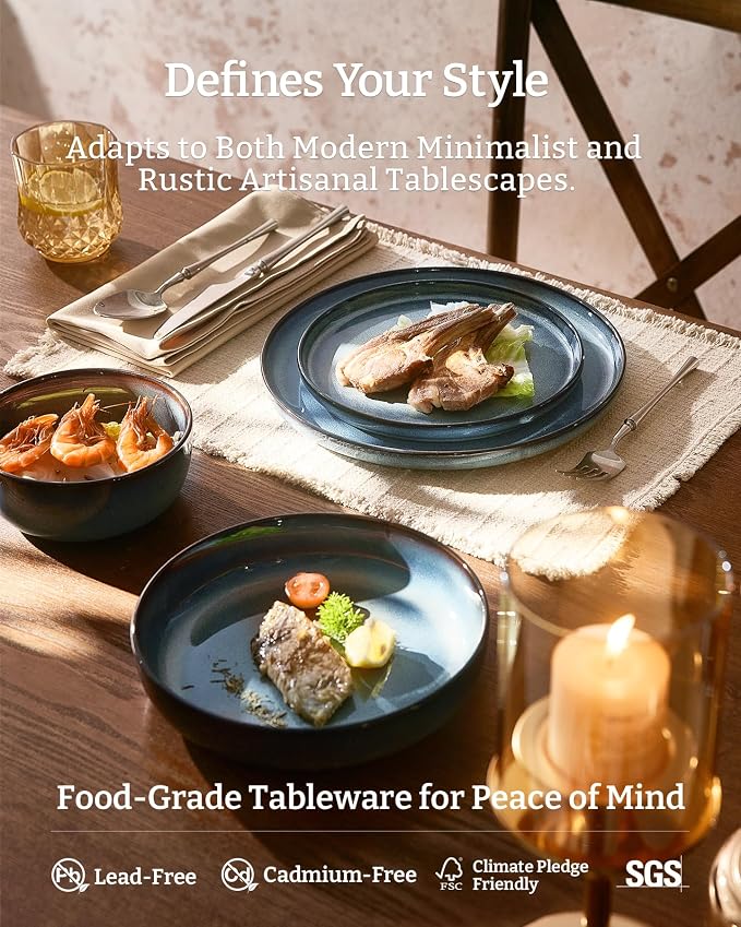 Famiware Milkyway Stoneware Dinnerware Set, 16-Piece, Including Pasta Bowl, Double Reactive Glaze, Plates and Bowls, Service for 4, Microwave and Dishwasher Safe, Scratch-Resistant, Dusty Blue