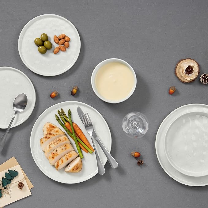 E-far 16-Piece Plates and Bowls Sets with Pasta Bowls - Stoneware Dinnerware Set for 4, Modern Ribbed Speckled White Dishes, Microwave & Dishwasher Safe