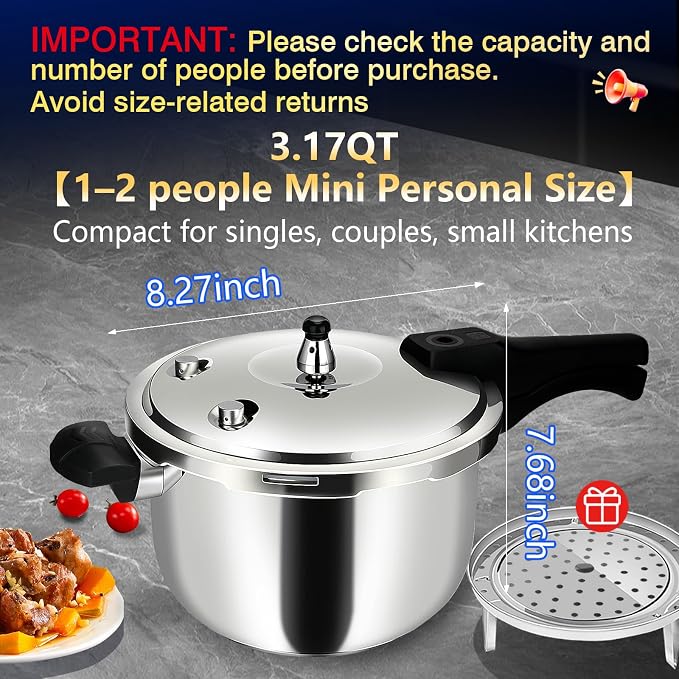 3 Quart Premium Stainless Steel Pressure Cooker | Food-Grade MINI Stainless Steel, Induction Compatible, Safe & Durable Small Pressure Cooker for 2-3 People