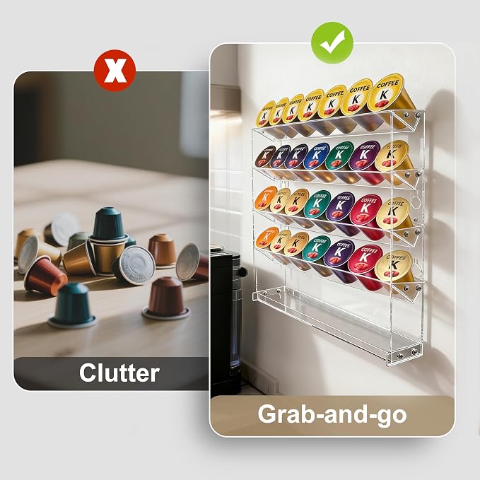 5 Tier Coffee Pod Holder for Nespresso Vertuo, Wall Mount K Cup Holder for Small Space, Clear Acrylic Coffee Pod Organizer Compatible with Most Standard Pods (30-50 Pod Storage)