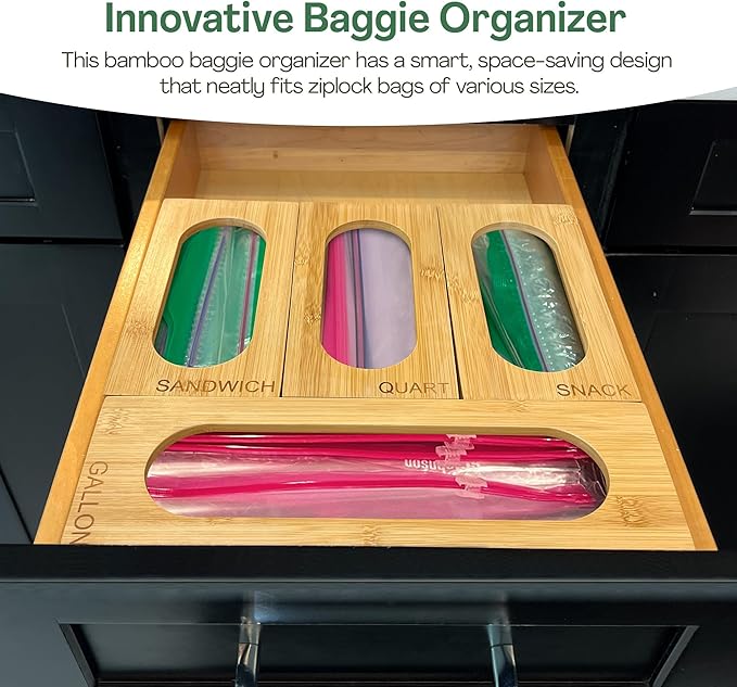 4PCS Bamboo Storage Bag Organizer Set Multi-Use Baggie Organizers for Gallon, Quart, Sandwich, Snack Food Bags, Tea Bag, Silverware, Ideal for Kitchen, Office, Makeup, Bathroom, Utensil, Junk Drawer