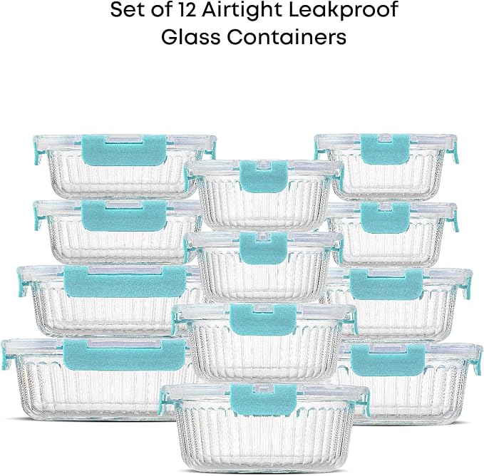JoyJolt 24pc Borosilicate Glass Storage Containers with Lids | 12 Airtight/Freezer Safe Food Storage Containers for Pantry and Kitchen | Meal Prep Container for Lunch | Glass Tupperware Set