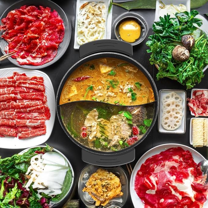 Food Party Electric Hot Pot 6L with Divider Hotpot Pot Electric Shabu Shabu Pot 110V 1200W PFOA FREE Non-Stick Chinese Hot Pot 5-Level Temperature Control