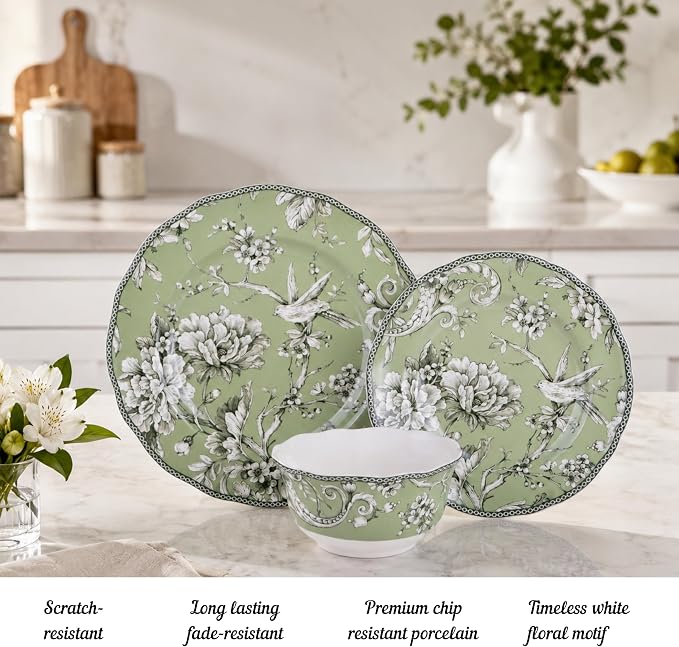 222 Fifth Adelaide Sage 12-Piece Green Porcelain Dinnerware Set – Service for 4, Big Dinner Plates and Bowls Sets, Green with White Floral Pattern, for Daily Entertainment, Microwave & Dishwasher Safe