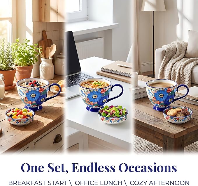 Hand-Painted Ceramic Soup Bowl with Handle & Lid, Large Coffee Mug | 17oz Polish Pottery Decorative Tea Cup & Saucer, Microwave Safe Cereal Bowl for Oatmeal, Ice Cream, Snacks, Gifts for Women