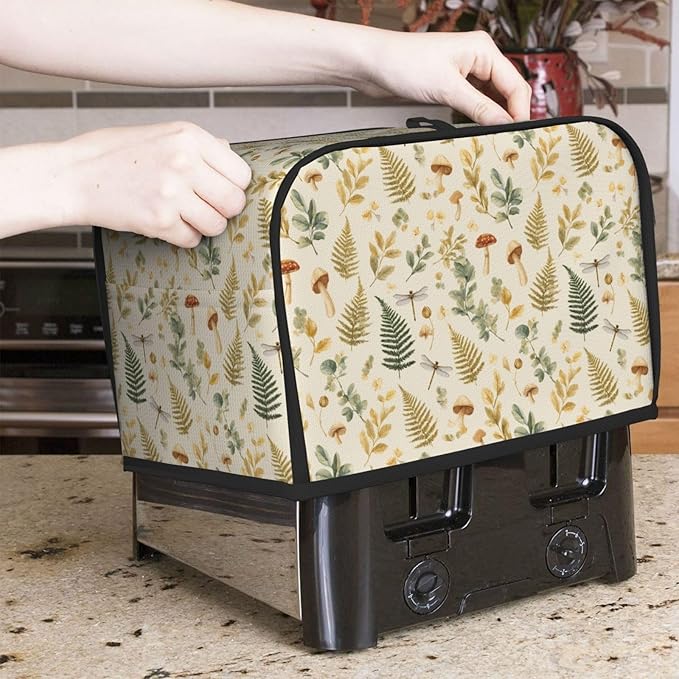 2 Slice Toaster Cover for Kitchen Mushroom Botanical Leaf aterproof and Dustproof Toaster Dust Cover with Side Pockets Decorative Universal Cover for Wide Slot Toasters and Small Appliances