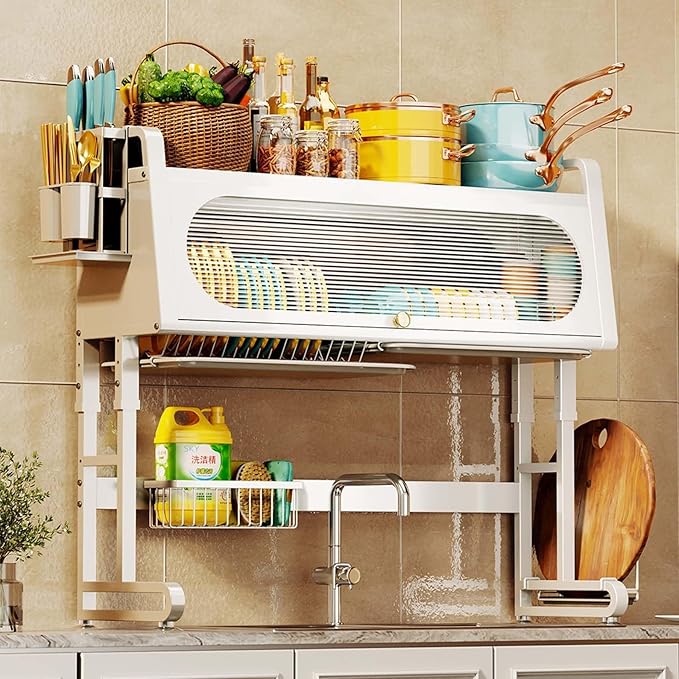 Dish Rack Cabinet Over Sink Standing Dish Drying Rack Dish Drainer Organizer with Adjustable Height Kitchen Large Capacity Kitchen Storage Shelf for Home Kitchen(White,26.4in (67cm))