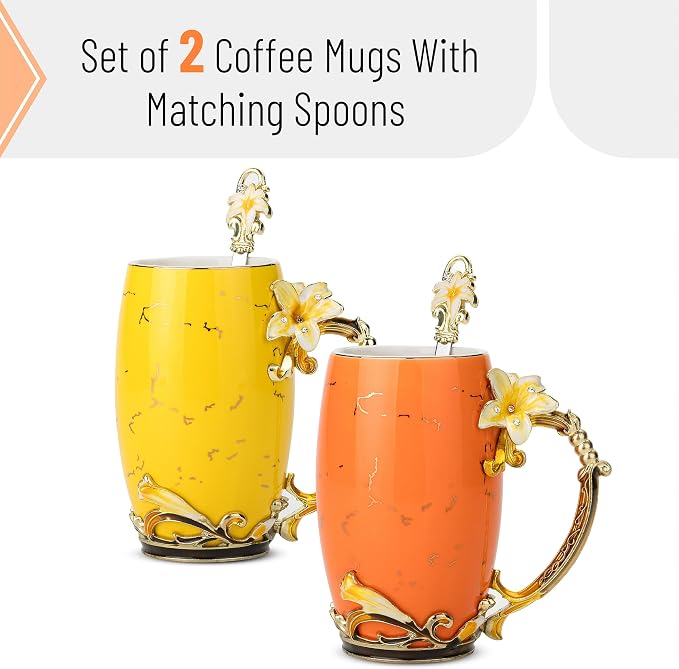 BTaT- Floral Ceramic Mugs with Spoon, Set of 2, Yellow and Orange, Fancy Coffee Mugs with Spoon