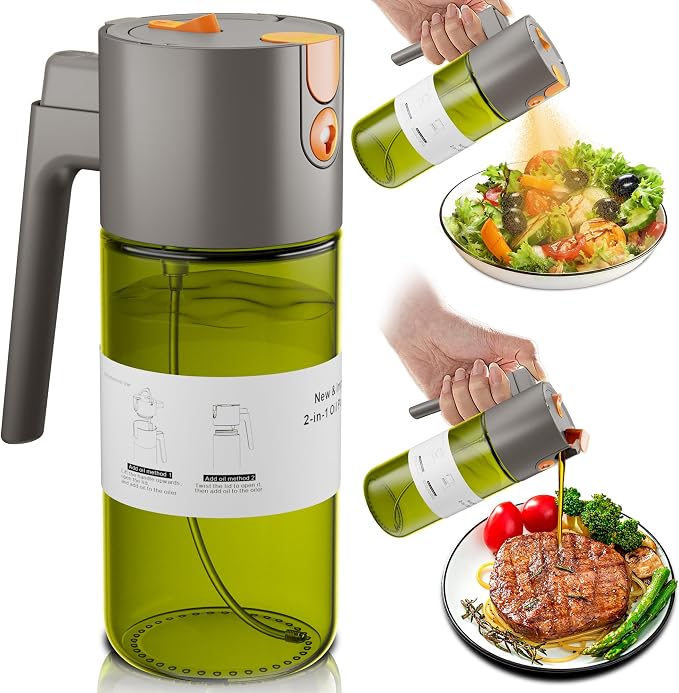 LAKUMIQI 2 in 1 Oil Sprayer for Cooking, 17oz Light-Blocking Glass Spray Bottle with Stickers, Oil Dispenser for Salad, Air Fryer & BBQ