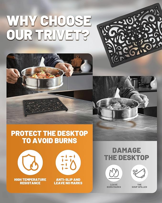 Black Rectangle Cast Iron Trivet 2-Pack for Kitchen & Dining - Heavy-Duty Hot Dish Pads, Decorative Heat Resistant Pot Holders with Raised Feet