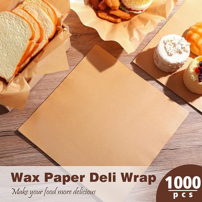 Spakon 1000 Sheets Wax Deli Paper Sheets for Food 12 x 12 Inch Checkered Dry Waxed Deli Basket Liners for Sandwich Wrapping, Food Basket Liners, Picnic party(Kraft)