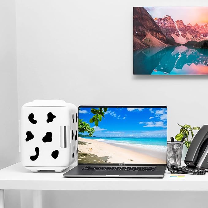 Cooluli Skincare Mini Fridge for Bedroom - Car, Office Desk & Dorm Room - Portable 4L/6 Can Electric Plug In Cooler & Warmer for Food, Drinks, Beauty & Makeup, 12v AC/DC & Exclusive USB, Cow Print