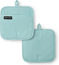KITCHENAID Gourmet Series Gridlines Pot Holders 2-Pack Set, Heat Resistant up to 600°F, Soft Silicone Grip, Magnetic Cuff, Mineral Water Aqua, 8"x8"