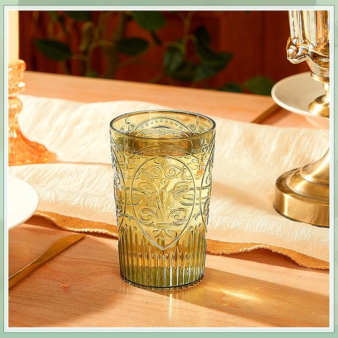 100 Pcs 16 oz Plastic Vintage Drinking Glasses Stemless Ribbed Highball Glasses Bulk Embossed Reusable Cup for Water Beer Cocktails Juice Wedding Bridal Shower Birthday Event Party (Green)