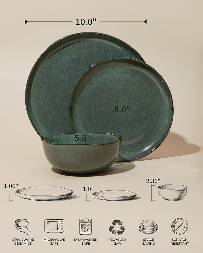 Pokini Plates and Bowls Sets for Family of 6, Ceramic Dinnerware Sets, Kitchen Dish Set, Microwave & Dishwasher Safe Dishware, Highly Durable Reactive Glazed Dinner Set, Forest Green