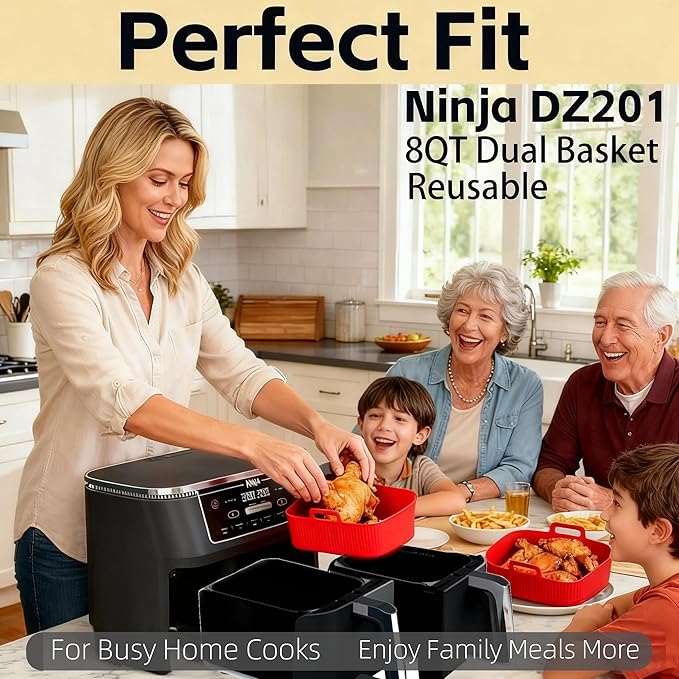 Silicone Air Fryer Liners for Ninja - Reusable DZ201 8QT Dual Basket - Rectangular 2-Pack Vacuum-Packed Easy-Clean Dishwasher-Safe Food-Safe for Home Chefs - Housewarming Gifts