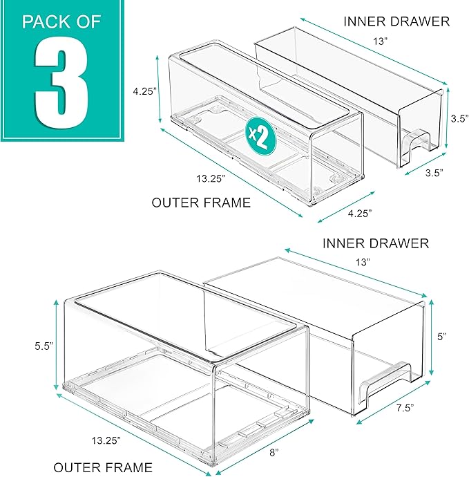Sorbus 1 Large and 2 Small Clear Stackable Storage Drawers, Plastic Storage Drawers with Handles, Craft, Clothes, Medicine, Makeup, Closet, Art Supply, Bathroom, Shoe, Toy Storage Organizer (3 Pack)