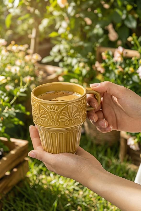 LYEOBOH Ceramic Mugs, 12 OZ Khaki Coffee Mugs Set of 4, Stackable Mug, Microwave & Dishwasher Safe, Stylish Texture Design for Coffee Tea Milk, Ideal for Home Kitchen Party & Festival Gifting