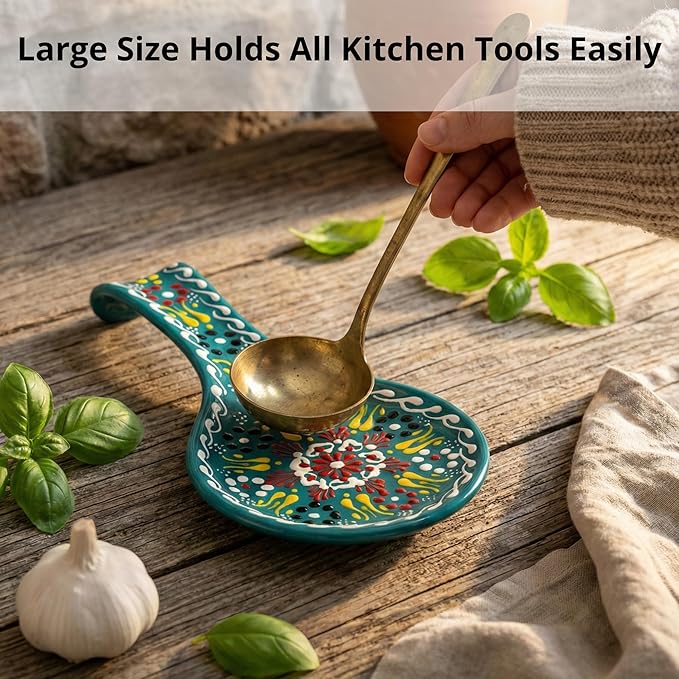 BCS Ceramic Spoon Rest, Large 9” Hand Painted Spoon Holder for Stove Top & Kitchen Counter, Dishwasher Safe & Heat Resistant Utensil Holder, Floral Kitchen Decor, Handmade Pottery