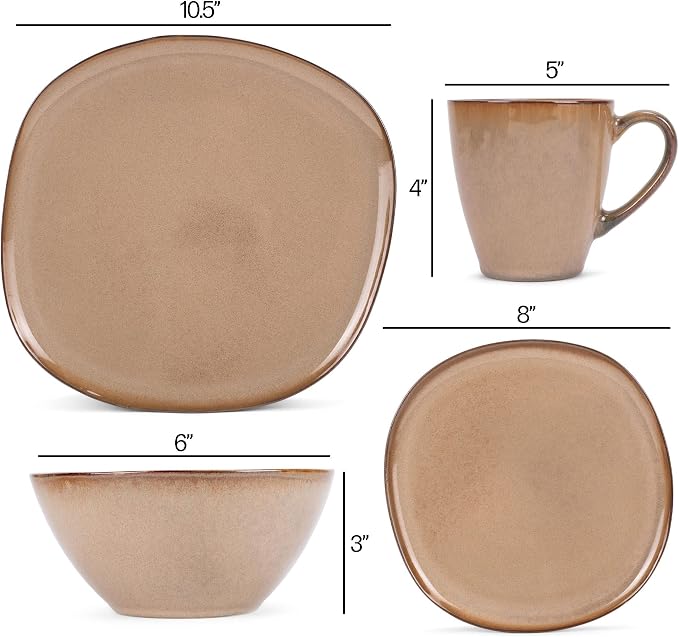 Elanze Designs 16-Piece Modern Luxury Chic Smooth Vintage Handmade Shape High Gloss Ceramic Stoneware Square Plate Mug & Bowl Kitchen Dinnerware 16 Piece Set - Service for 4, Brown