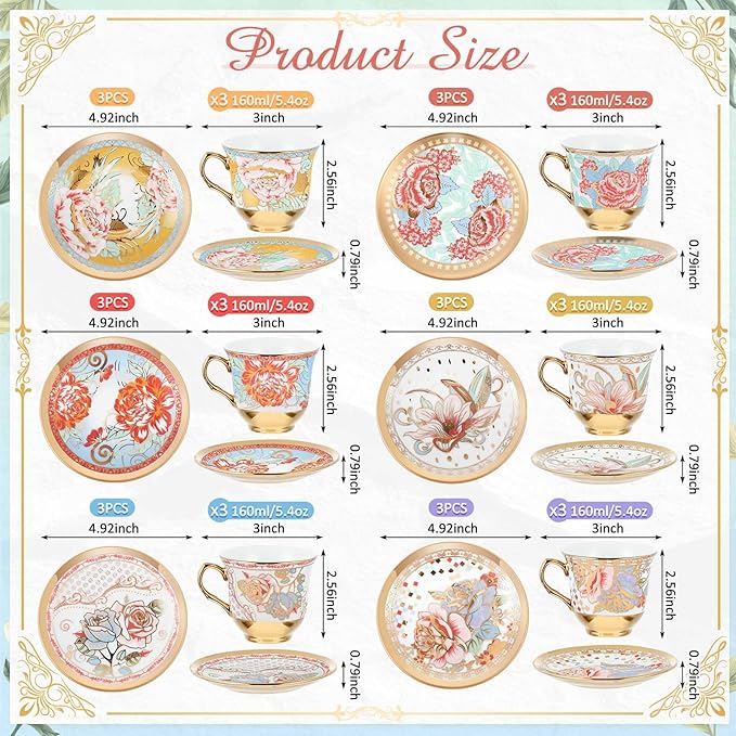 Teenyyou Set of 18 Tea Cups and Saucers Tea Party Decorations Floral Porcelain 5.4 oz British Gift for Women Birthday Party, Church, and Mother's Day (Vibrant Style)