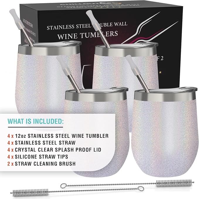 CHILLOUT LIFE 12 oz Stainless Steel Wine Tumblers 4 Pack - Double Wall Vacuum Insulated Wine Glasses Cups with Lids and Straws Set Keeping Cold & Hot for Coffee, Beer, Ice Cream - Holographic Glitter