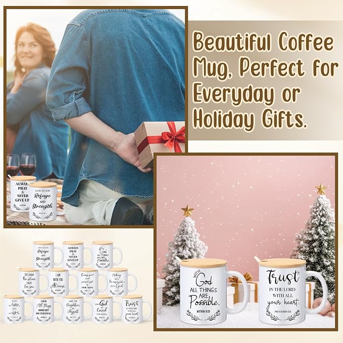 Didaey 12 Sets Christian Gifts Bulk Religious Coffee Mugs 12oz Bible Verses White Ceramic Cup with Lid Handle Spoon Inspirational Mug Church Gift for Men Coworker Employee Staff(Christian)