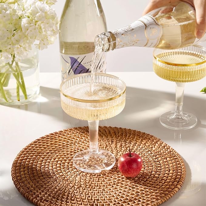 Goodluck 4-Tier Champagne Tower Glasses - 20 PCS 7oz Clear Plastic Champagne Flutes, Plastic Coupe Glasses with Vertical Stripes for Weddings, Celebrations, Parties & Birthdays(Gold Rim)
