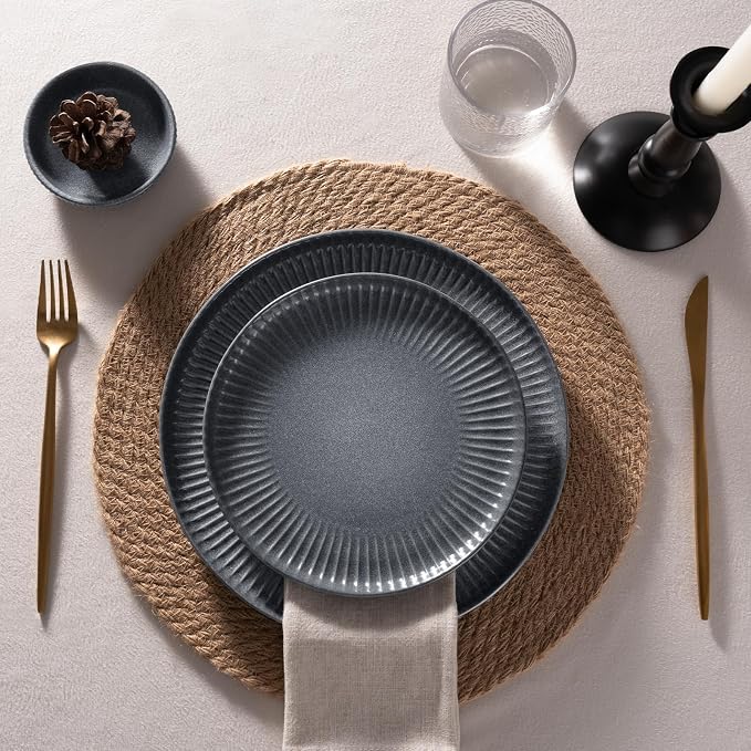 Famiware Starlight 12-Piece Plates and Bowls Sets for 4, Stoneware Dinnerware with Ribbed Textured, Handcrafted Reactive Glaze Dishes - Dishwasher & Microwave Safe, Chip/Scratch Resistant, Matte Grey
