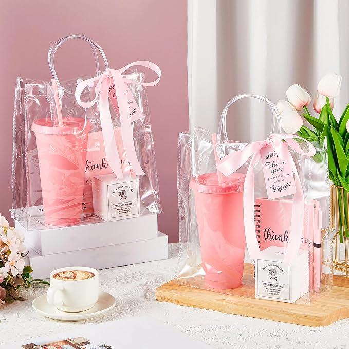 Nuogo 12 Sets New Parent Shower Prizes for Player Winners Adult, Wedding Bridal Shower Gift, Plastic Tumbler Notebook Scented Candle Ballpoint Pen Bag (Pink Color,Classic Style)