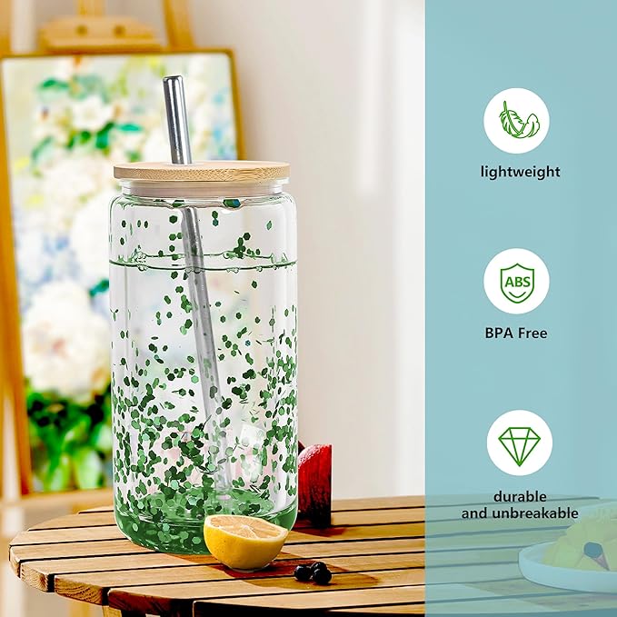 16 oz Acrylic Snow Globe Tumbler Snow Globe Cups Double Wall Snowglobe Tumbler with Pre Drilled Hole Clear Plastic Cups with Bamboo Lids and Straws for Iced Coffee Boba Juice Soda 12 Pack