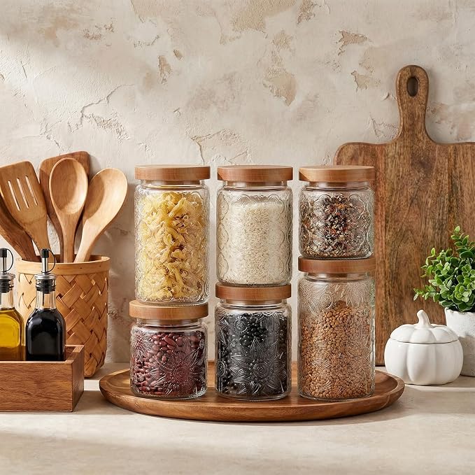 FillTouch 6 Pcs Vintage Glass Jar with Wooden Lid 17/24/34 oz Glass Airtight Food Storage Container with Lid Jar Begonia Sunflower Pattern for Kitchen Sugar Coffee Tea Beans Candy Cookie