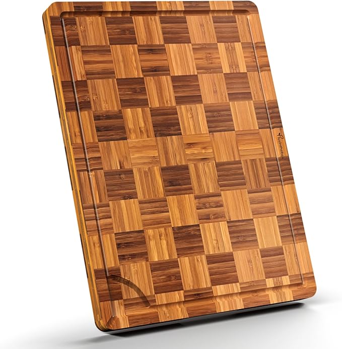XL Bamboo Cutting Board for Kitchen Extra Large End Grain Wood Checkered Chopping Board with Deeper Juice Grooves Carbonized Wooden Butcher Block for Kneading Dough, Meat, Cheese & Charcuterie