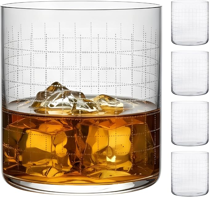 NUDE GLASS NUDE Whiskey Glasses Set of 4 DOF – 13.25 oz Finesse Grid Lead-Free Crystal Old Fashioned Glass