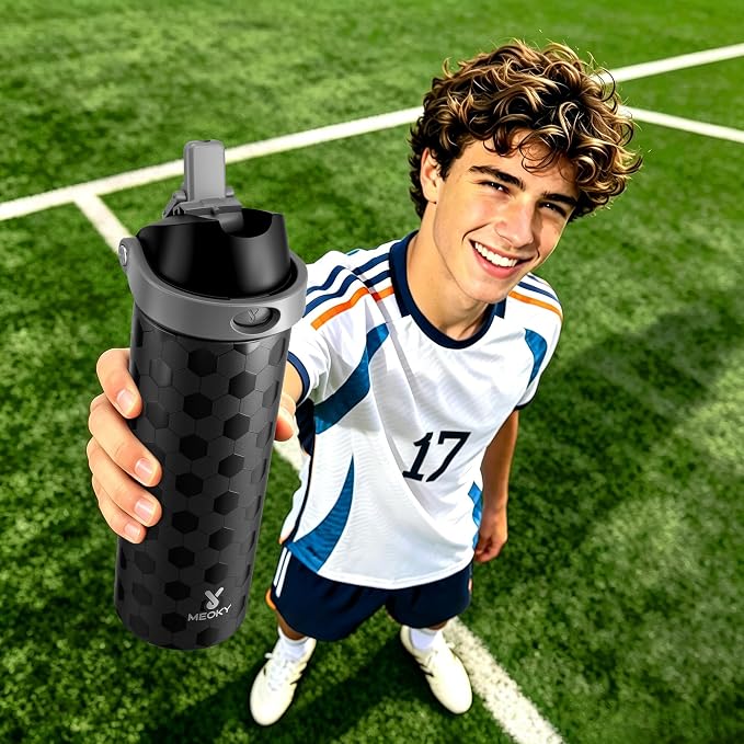 24 oz Insulated Water Bottle for Sports: Meoky Stainless Steel Soccer Water Bottle with 2-in-1 Lid - Leak Proof, Cold for 24 Hours, Fits in Car Cup Holder, Soccer Gifts for Boys Girls, Arena Night