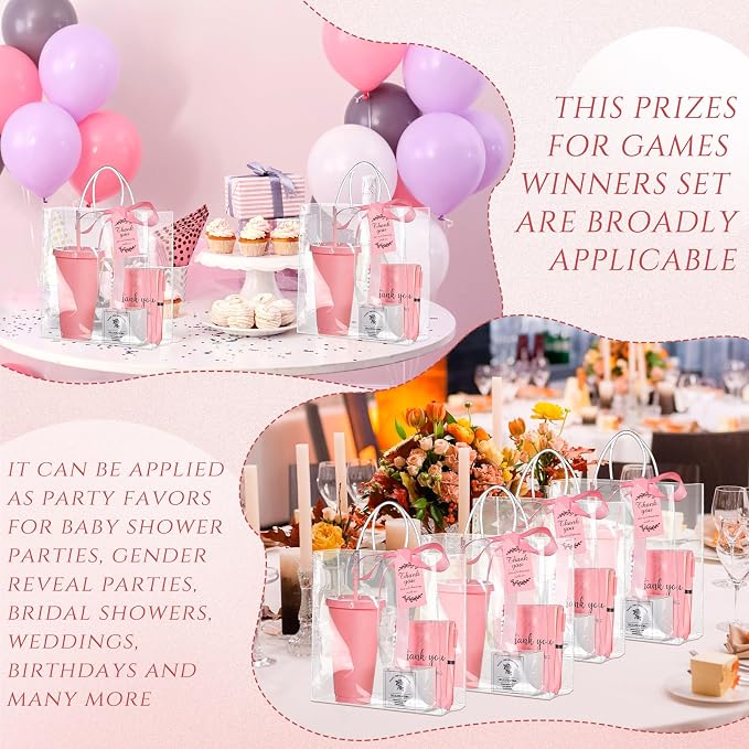 Nuogo 12 Sets New Parent Shower Prizes for Player Winners Adult, Wedding Bridal Shower Gift, Plastic Tumbler Notebook Scented Candle Ballpoint Pen Bag (Pink Color,Classic Style)