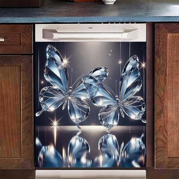 BlissYard Butterfly Dishwasher Magnet Cover 23x26 Inch Crystal Butterfly Kitchen Decor Dishwasher Magnet Cover Refrigerator Magnet Sticker Appliance Cover Protector Decorative Panel Kitchen Appliances
