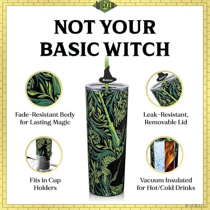 Dragon Glassware x Wicked: For Good 2-Pack 24 oz Vacuum Insulated Tumbler with Lid and Straw - Set of 2 Tumblers with 4 Straws and Toppers - Official Wicked Merch - Shadows