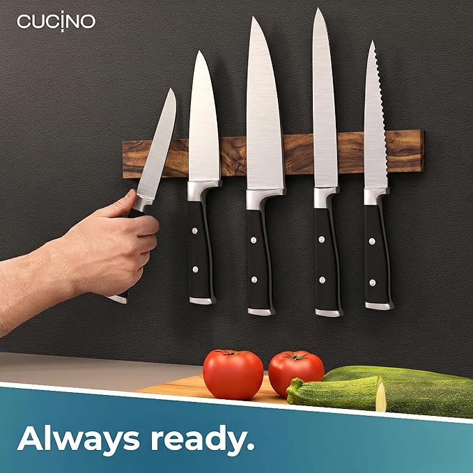 CUCINO Magnetic Knife Holder for wall, 16" no drilling required, includes self-adhesive tape, extra strong for holding knives – Awarded magnet strip – Acacia