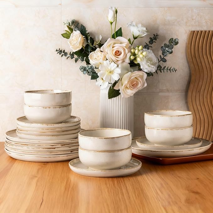 AmorArc Ceramic Dinnerware Sets, Wavy Rim Stoneware Plates and Bowls Sets, Highly Scratch Resistant | Dishwasher & Microwave Dishes set, Service for 4 (12pc)-Speckled Cappuccino)
