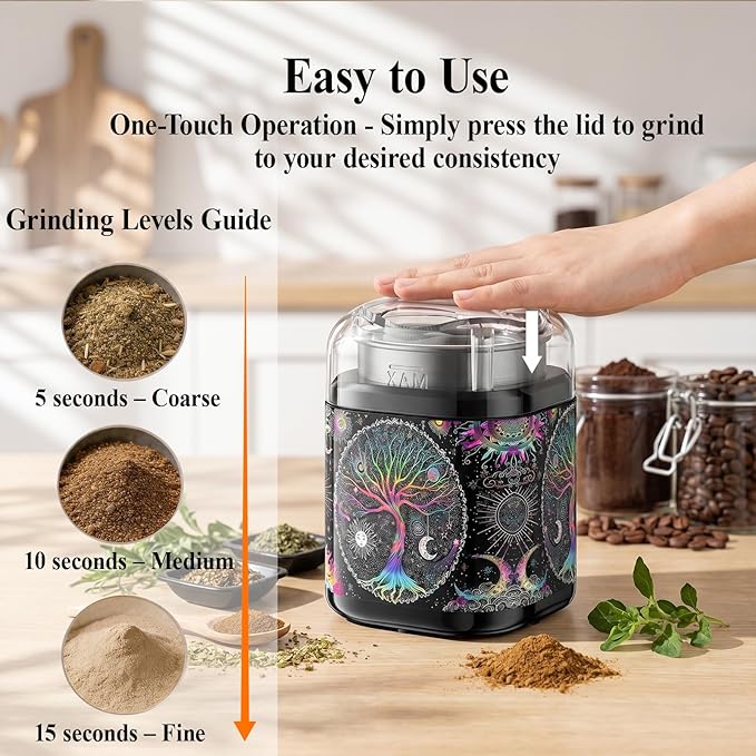 Spice Grinder, One-Touch Fast Grinder with Stainless Steel Blades, Cute Grinder with Unique Pattern Design, Electric Grinder for Spices, 5.1" (Black)