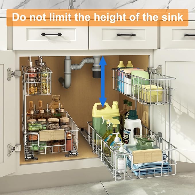ROOMTEC Pull Out Cabinet Organizer, Under Sink Slide Out Storage Shelf with 2 Tier Sliding Wire Drawer, Sliding Storage for Inside Kitchen Cabinet- 11½ in. W x 21½ in. D (Left)