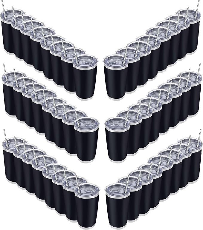 20oz insulted tumblers stainless steel cup Tumbler Bulk with push Lid, and metal straw powder coated coffee cup for cold and hot drinking (48, black)
