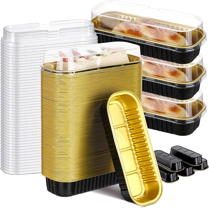 Qunclay 200 Pcs Aluminum Foil Mini Loaf Pans with Lids 6.8 oz Disposable Mini Cake Pan with Lid Rectangle Baking Cups for Party Muffin Cheesecake Ramekins(Black Gold)