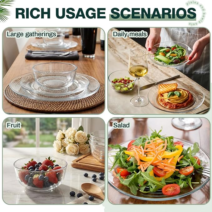 Havawish 18 Pcs Glass Dinnerware Set Sleek Round Clear Glass Plate and Bowl Sets for Dessert, Salad, Fruit, Dishwasher, Microwave Safe Kitchen Dining