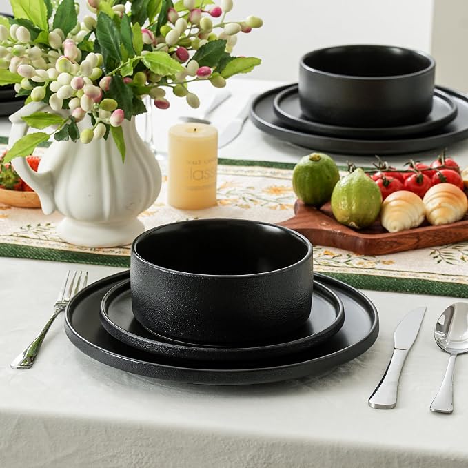 12 Piece Ceramic Plates and Bowls Sets for 4, Modern Black | Stoneware Dinnerware Set, Dishwasher & Microwave Safe, Handcrafted, Perfect for Family and Gatherings
