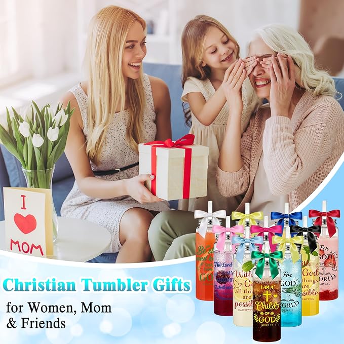 50 Pack Christian Gifts for Women Bulk, 17oz Bible Verse Plastic Cups with Lids, Straws and Satin Bows, Religious Inspirational Tumblers for Mom/Teacher, Church Baptism VBS Party Favors