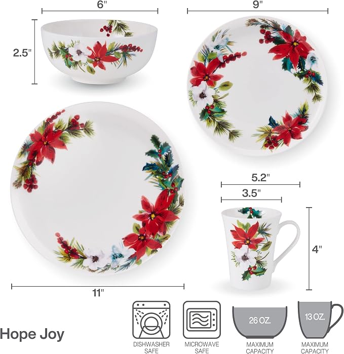 Mikasa Hope Joy Holiday Poinsettia Bone China Lightweight Chip Resistant 16 Piece Dinnerware Set, Service for 4, Multicolor